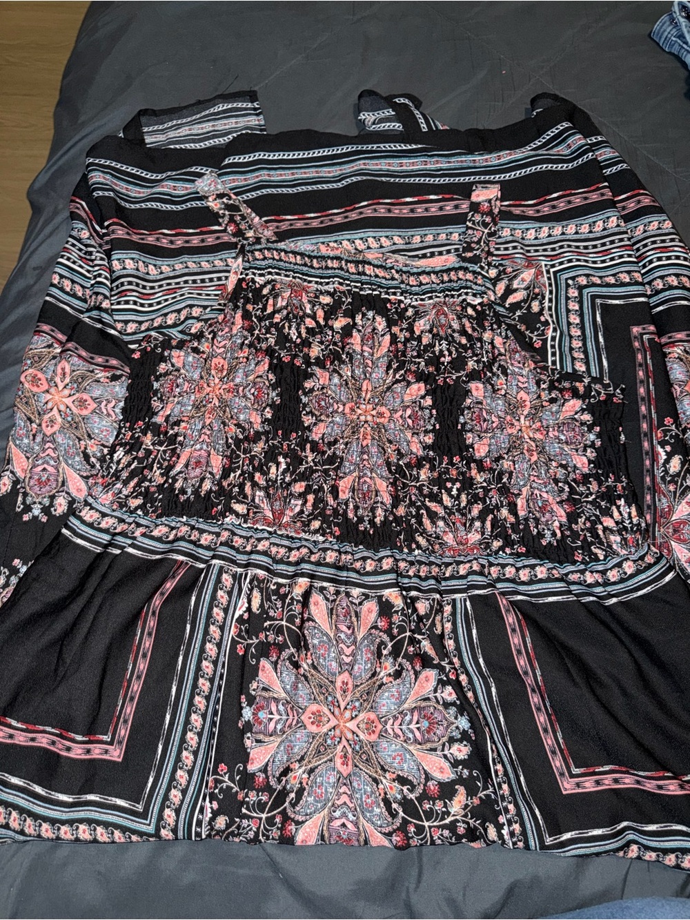 Black Maxi Dress with Pink Floral Print and Smocked Bodice